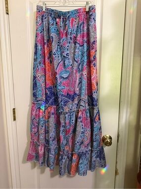 Paisley Tiered Maxi Skirt in Pink & Blue